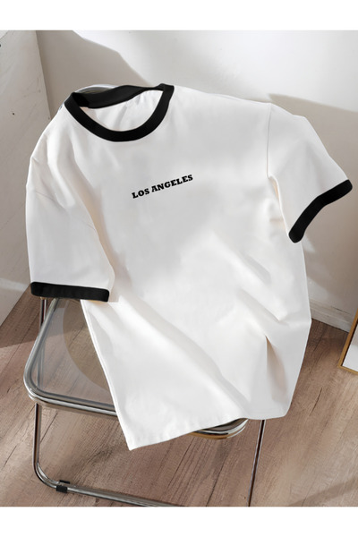 COHERENT Unisex Erkek/Kadın Beyaz Siyah Yaka LOSANGELES Özel Baskılı Oversize...