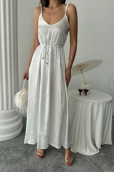 modaserdem JACQUARD SATIN DEGAJE ΦΟΡΕΜΑ ΜΕ ΖΩΝΗ ΣΤΡΑΓΚΑ - Λευκό