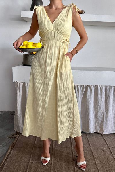 leyla sanat sanata yeni bir bakış açısı Leyla Art a New Perspective on Art Muslin Dress Shoulder Tie Detail V-Neck Sleeveless Dress - Yellow