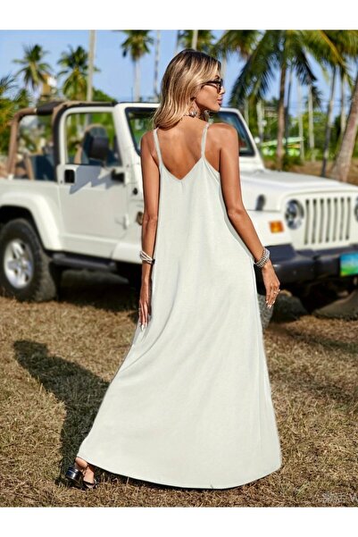 buğrahayalin Women's Strappy V-Neck Ethnic Stripe Detailed Long Viscose Dress