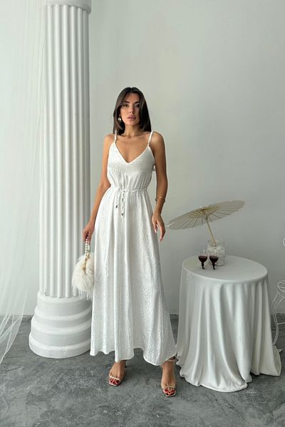 modaserdem JACQUARD SATIN DEGAJE ΦΟΡΕΜΑ ΜΕ ΖΩΝΗ ΣΤΡΑΓΚΑ - Λευκό