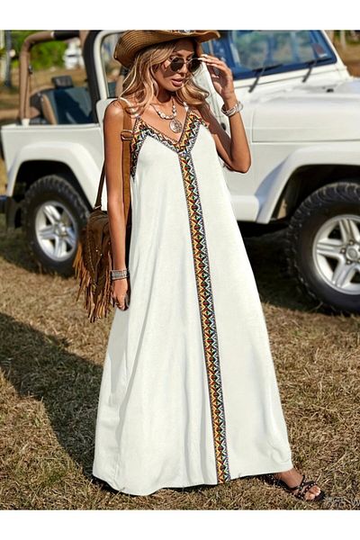 MRA Fashion Women's Strappy V-Neck Ethnic Stripe Detailed Long Viscose Dress