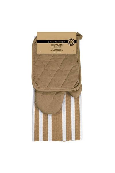 Generic طقم مطبخ ريفييرا من 3 قطع مصنوع من القطن عالي الجودة، لون بيج وأبيض R3-MIX-BEIGE-4