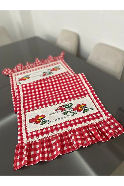 Parla Life Red Gingham Cross Stitch Ruffled Runner (Custom Color Made / Cross Stitch Models Change)