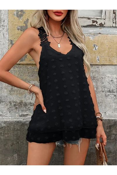MRA Fashion Women's Lace Strap V-Neck Pompom Blouse with Cross Detail on the Back