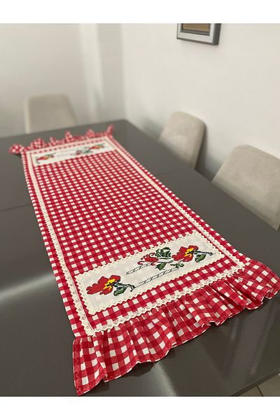 Parla Life Red Gingham Cross Stitch Ruffled Runner (Custom Color Made / Cross Stitch Models Change)