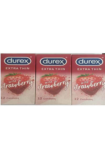 Durex 12-Piece Extra Thin Wild Strawberry Flavored Condoms For Men, Pack Of 3