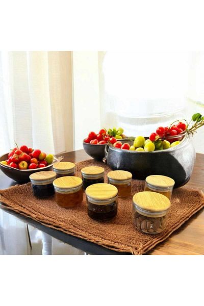 Noah Exclusive 8 Pcs 150 ml Borosilicate Glass Jam Jars - with Leak Proof Bamboo Lid - (70 X 50 mm)