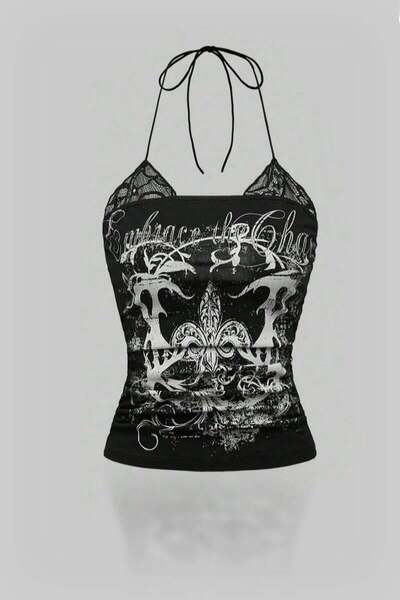 Pop Giyim Lace Black Embrace the Chaos Halter Neck Blouse