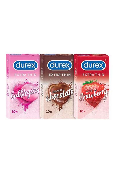 Durex Pack Of 3 Boxes Mix Flavoured Bubblegum Chocolate Wild Strawberry Extra Thin Condoms For Men