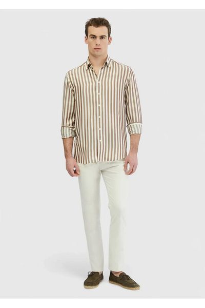 Ramsey Καφέ ριγέ Casual Fit υφαντό πουκάμισο casual