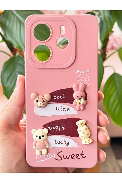 Fibaks حافظة هاتف Xiaomi Redmi Note 14 4G غطاء سيليكون ناعم وردي مع حماية للكاميرا على شكل أرنب