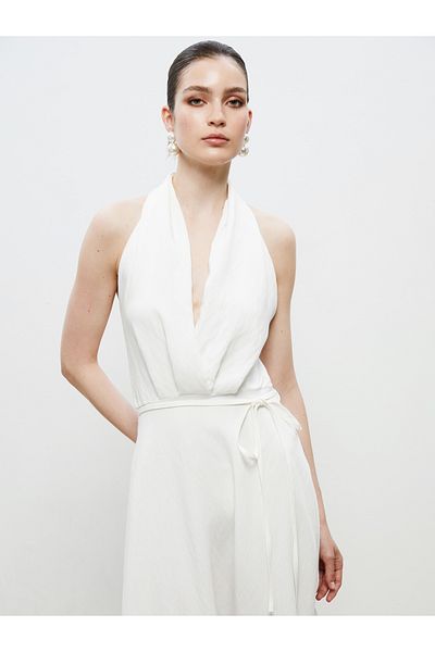 LC Waikiki Halter Neckline Belted Satin Dress