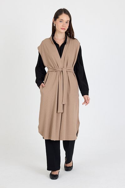 larocci Women's Standard V-Neck Line Patterned Long Pocket Belted Vest