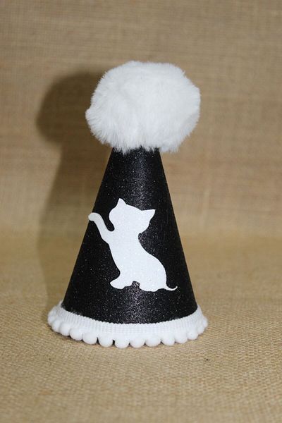 asöy Cat Birthday Party Hat Cat Party Black Eva Elastic Hat Diameter 7.5 Size 13 cm with White Pompon