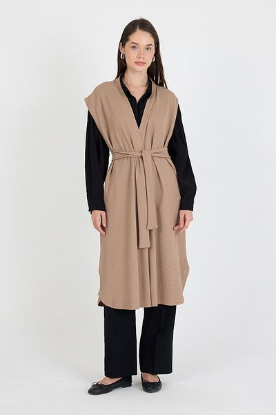 larocci Women's Standard V-Neck Line Patterned Long Pocket Belted Vest