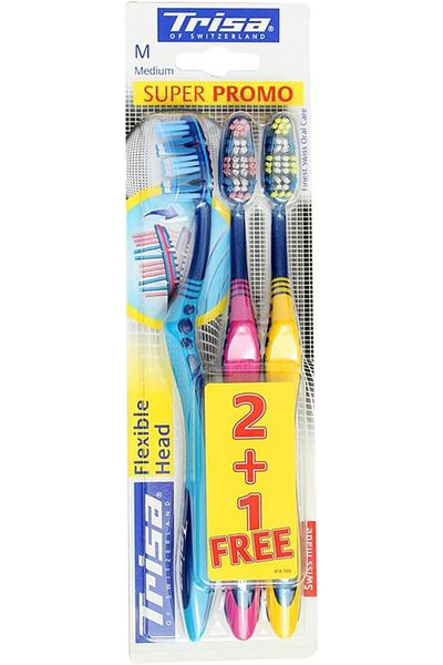 Trisa Trisa Flexhead Toothbrush Medium 2+1 Adult Flexible Head Ergonomic Swiss Oral Care Colorful