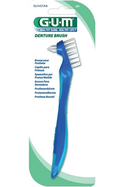 GUM Prosthesis Denture Cleaning Brush Flat Firm Nylon Tapered Bristles Ergonomic Grip Handle