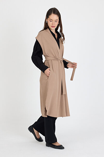 larocci Women's Standard V-Neck Line Patterned Long Pocket Belted Vest