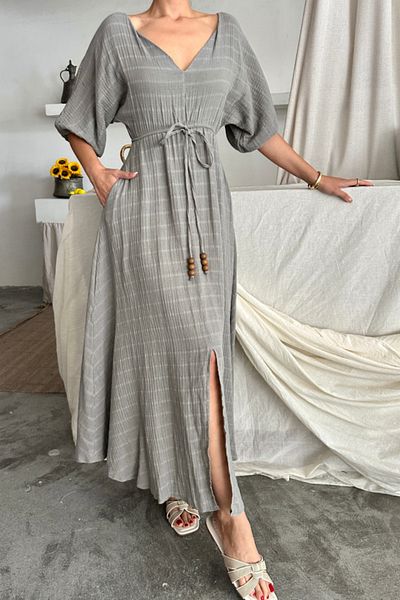 İpeksi Silky V Neck Waist Beaded Tie-Up Muslin Dress with Slit Detail - Gray