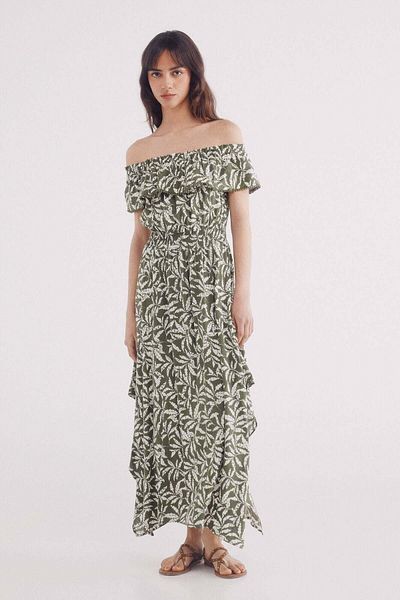 Springfield print midi dress with ruffle neckline