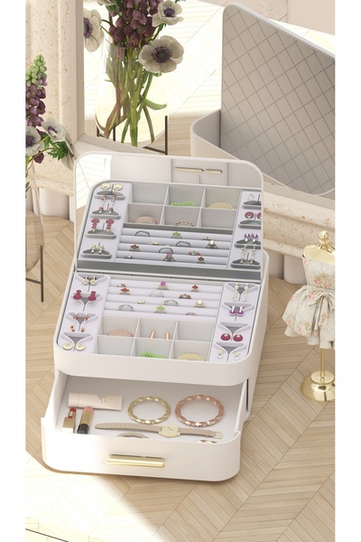 URVE منظم مجوهرات مكياج متعدد الأقسام من هاوس باي هاوس مع درج ومرآة كريمية