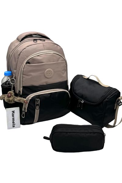 Harmela First School Bag Set of 3 Unisex Children's Primary School Bag Hrm-8010 Mink-Black