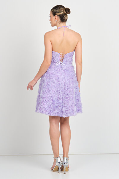 Saygın Women's Heart Neckline Halter Neck Short Evening Dress 5635 Lilac