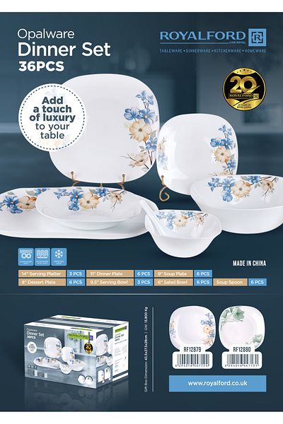 ROYALFORD 36 Piece Opalware Dinner Set- RF12880 Dishwasher-Safe, Freezer and Microwave Safe