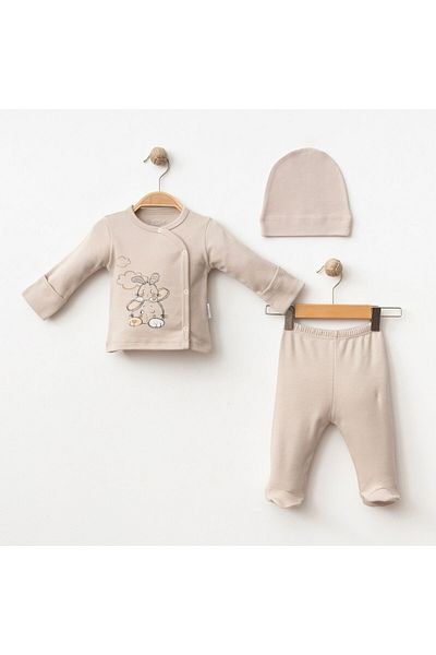 Gümüş Baby Kids Baby 3-Piece Set with Self-Gloves Rabbit Printed 100% Cotton Fabric
