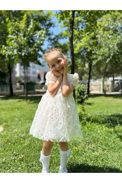 Minizade Girl Child Baby Short Sleeve Daisy Floral Tulle Birthday Wedding Party Special Occasion Eid Dress