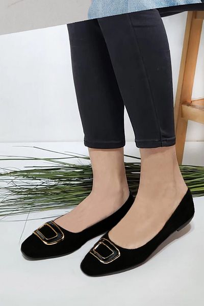 RENKLİBUTİK Women's Stylish Buckle Comfortable Sole Ballet Shoes Black Nubuck