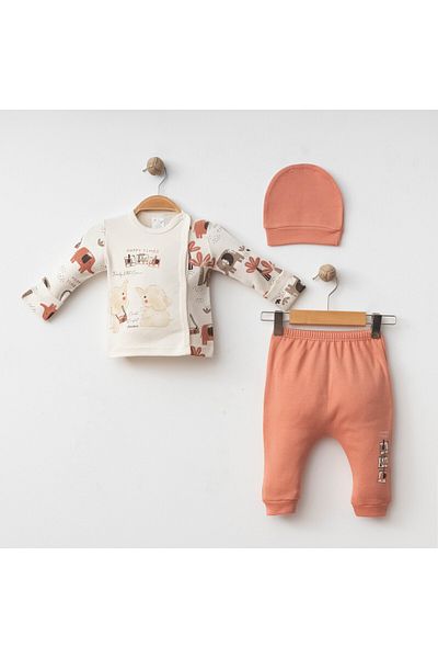 Gümüş Baby Kids Baby 3-Piece Set with Self-Gloves Elephant Printed 100% Cotton Fabric