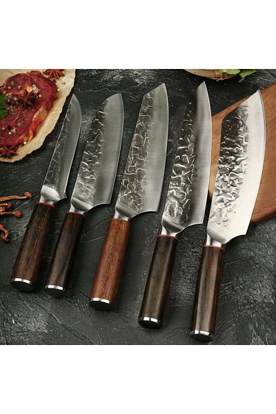 NEOSOR Set 5 Cuțite Bucătărie, Oțel Inox, Duritate 58±2 HRC, Ascuțire Manuală 15°-18°,Forjare Artizanală