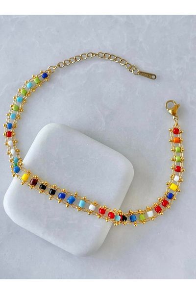 SU PERİSİ TAKI BİJUTERİ Steel Gold Colored Bead Anklet