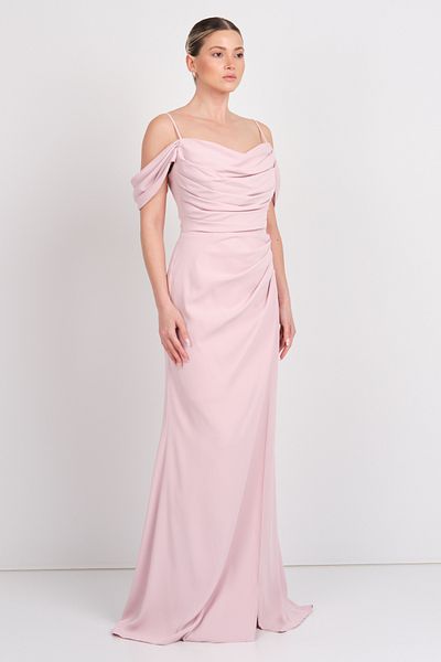 Saygın Women's Rope Strap Draped Slit Long Evening Dress 5625 Powder
