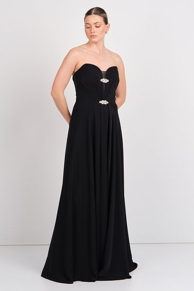 Saygın Women's Strapless Stone Detailed Slit Long Evening Dress 5656 Black