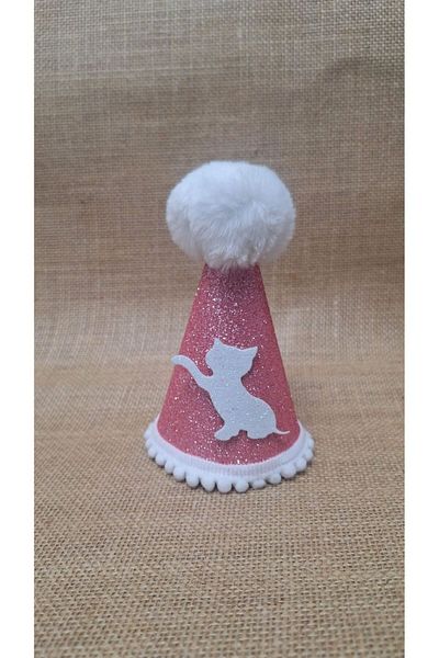 asöy Cat Birthday Party Hat Cat Party Pink Eva Elastic Hat Diameter 7.5 Size 13 cm with White Pompon