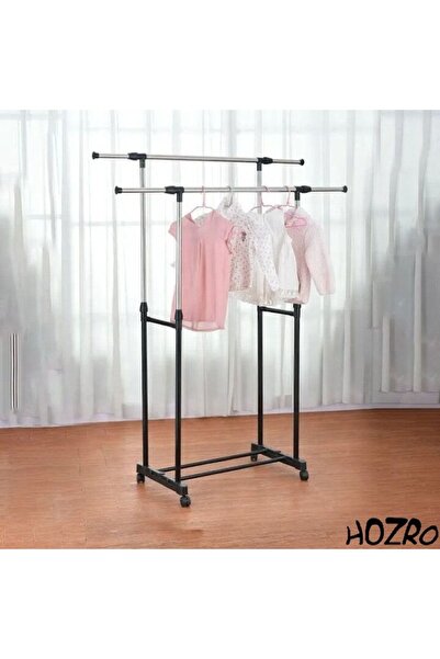 HOZRO HOZRO Double Hanger Stand – Height Adjustable, 4 Wheels, Black/Silver