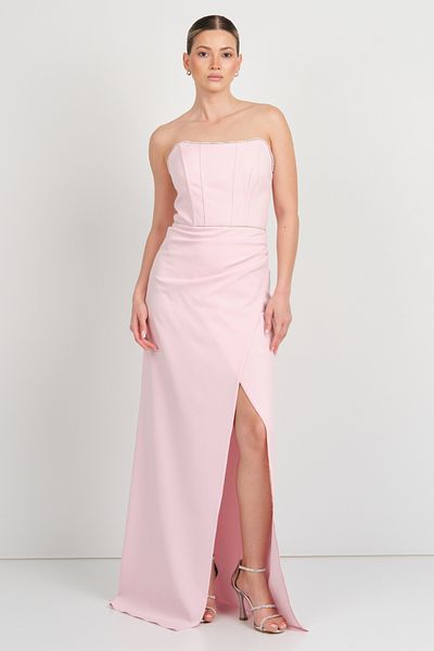 renk abiye Color Women Strapless Crepe Fabric Long Evening Dress 5295 Pink