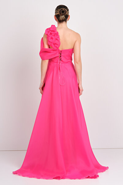 Saygın Women's One Shoulder Detail Back Tie Long Evening Dress 4540 Fuchsia