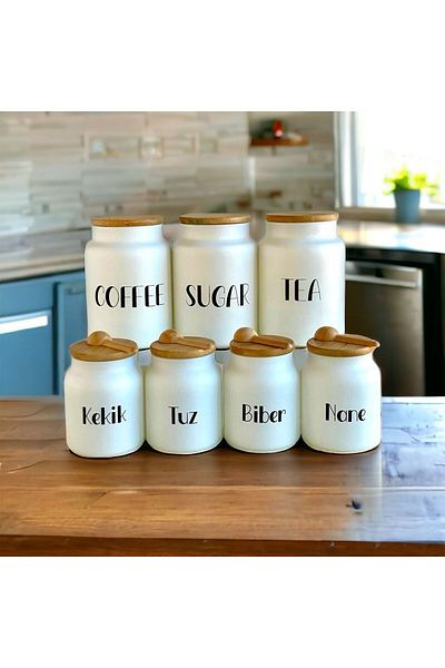Pembishayatlar 7-Piece Glass Spice Bowl Set with Bamboo Lid and Bamboo Spoon (Tea, Coffee, Candy) Jar Set