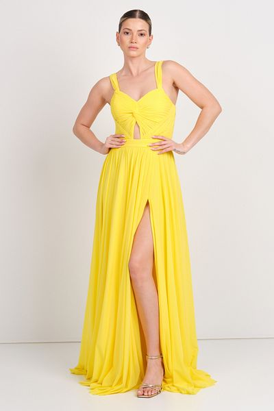 ŞEREF VURAL Şeref Vural Women's Butterfly Sleeve Chiffon Long Evening Dress 8040 Yellow