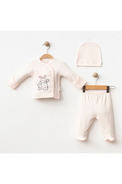 Gümüş Baby Kids Baby 3-Piece Set with Self-Gloves Rabbit Printed 100% Cotton Fabric