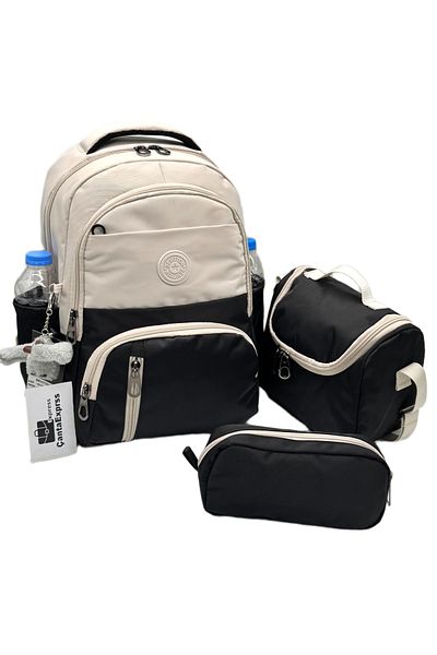 ÇantaExpress First School Bag Set of 3 Unisex Water Resistant Children's Primary School Bag 8010 Beige-Black