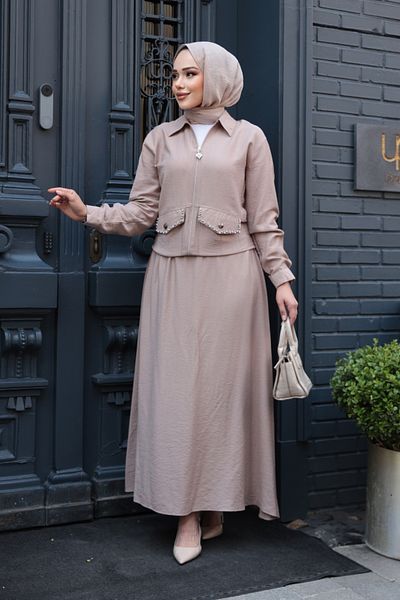 N.S NEVA STYLE Zippered Dark Beige Hijab Skirt Double Set 44751Kbej