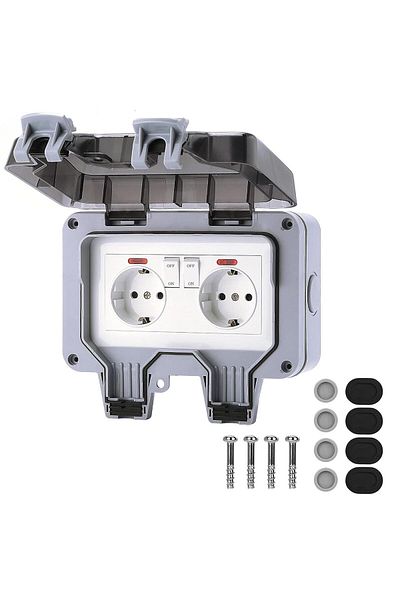 WHITE Priză dublă, impermeabilă IP66, cu capac de protecție, accesorii de instalare, alb/gri