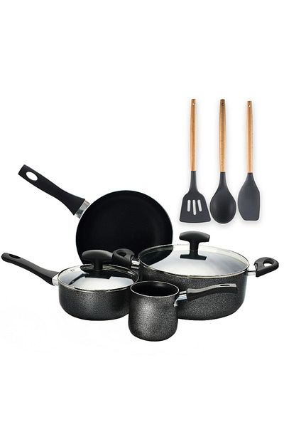 Sweet Home 9-Piece Non-Stick Aluminum Cookware Set – Black Color with Glass Lids Wooden Ladles