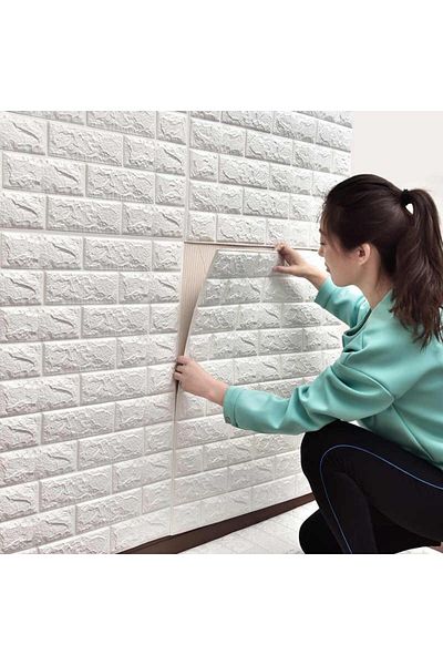 WHITE Self-adhesive 3D wallpaper, modern design, dimensions 77x70cm, embossed brick pattern, white