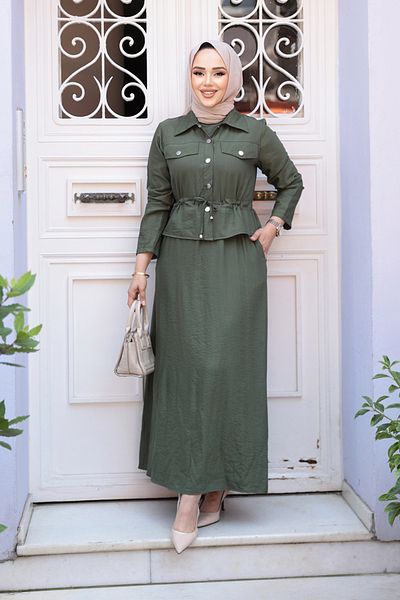 N.S NEVA STYLE Khaki Hijab Dress with Jacket Double Set 44651Hk